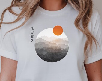 Japanese Mountain Sunset T-shirt | Wabi-Sabi Theme in a Minimalist landscape, Rising Sun