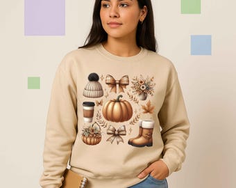 Fall Aesthetic PNG Bundle | Pumpkin Coffee Boots Clipart | Autumn Bow Sweater Weather Sublimation | Cozy Fall Digital Download