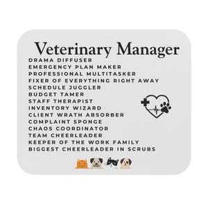 May include: A white square coaster with the text "Veterinary Manager" and a list of job duties. A heart with a heartbeat line and paw print is on the right. At the bottom are illustrations of a cat and three dogs.