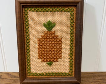 Vintage Framed Needlepoint Pineapple Wall Art | Handmade Crewel Embroidery Decor | Boho Cottage Wall Hanging