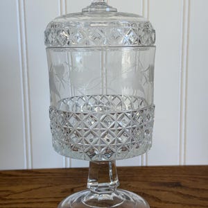 Vintage Cut Crystal Candy Dish with Lid, Etched Floral Glass Compote, Footed Serving Dish