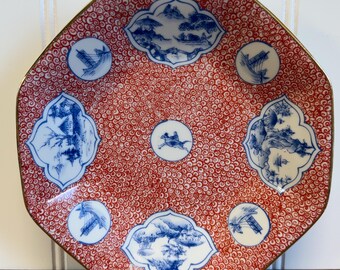 Vintage Japanese Porcelain Serving Bowl Red Karakusa Scroll Blue White Landscape Design