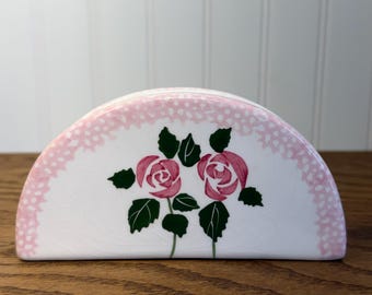 Vintage Pink Rose Napkin Holder | Floral Kitchen Decor | Cottagecore Tableware | Farmhouse Napkin Caddy | Retro Dining Accent