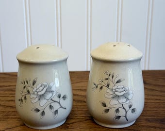 Vintage Ceramic Salt and Pepper Shakers Set, Neutral Floral Gray Design, Farmhouse Kitchen Decor, Cottage Style Tableware