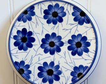 Vintage German Blue White Ceramic Trivet, Hand Painted Floral Pot Holder