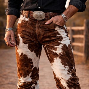 Pantalones vaqueros de piel de vaca apilada: piel con pelo, ajuste personalizado.