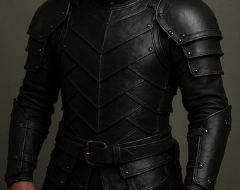 Armadura de guerrero de cuero negro artesanal: disfraz medieval de rol en vivo