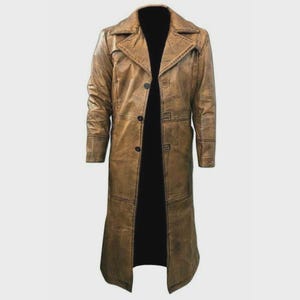 Men’s Distressed Leather Trench Coat – Handmade Vintage Long Jacket – Genuine Sheepskin Overcoat Custom Sizes