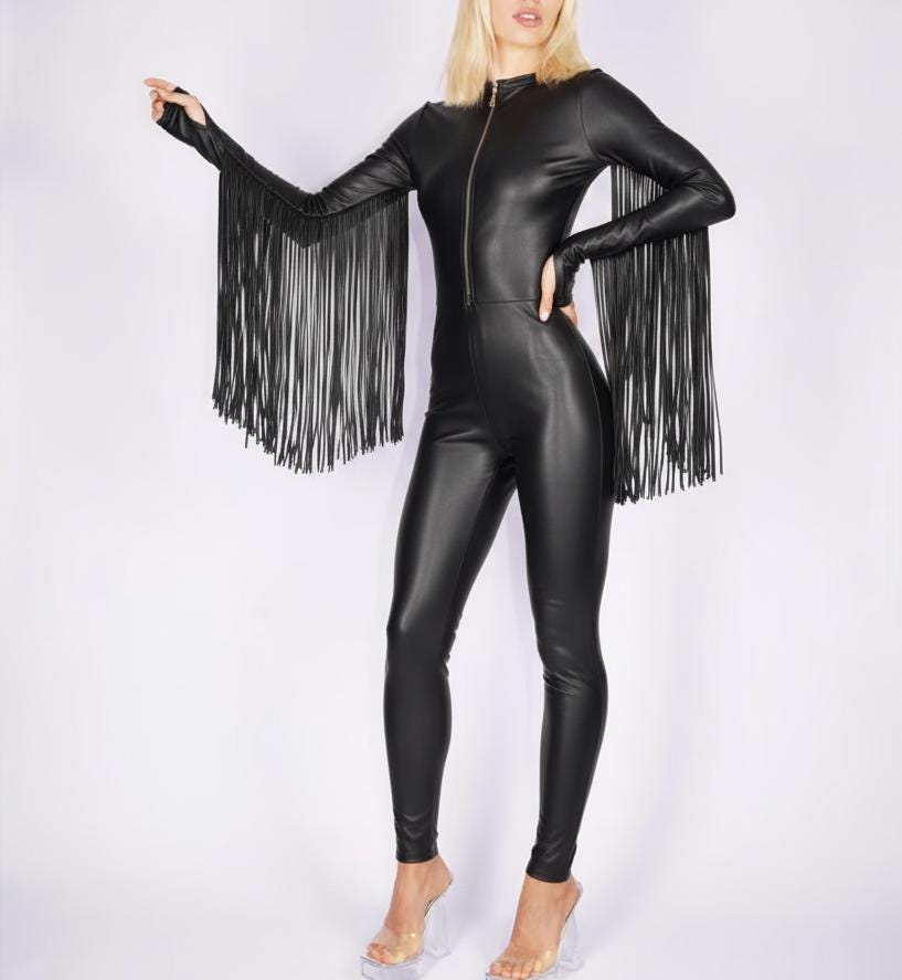 Black Leather Fringe Sleeve Jumpsuit Gothic Festival Catsuit