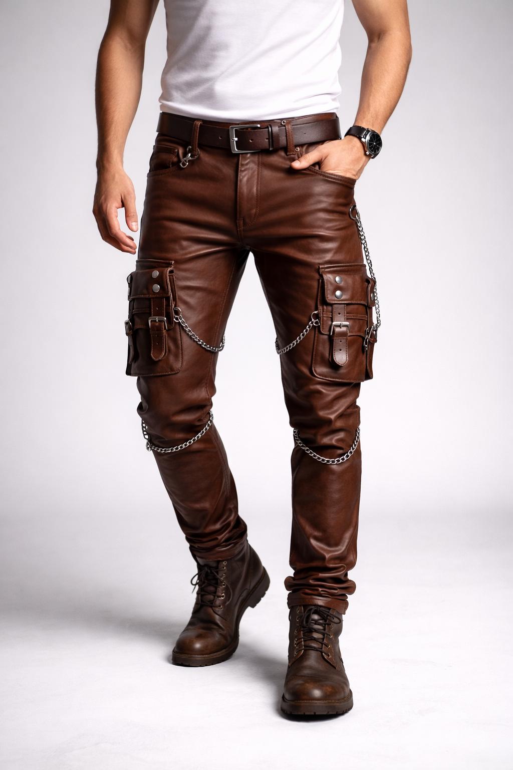 Cargo Leather Pants For Men Biker Gothic Buckle Strap Chain Leather Pant