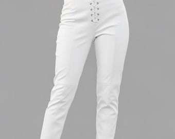 Women Lace-Up Leather Pants – High-Waist Skinny Fit Leather Trousers Handmade