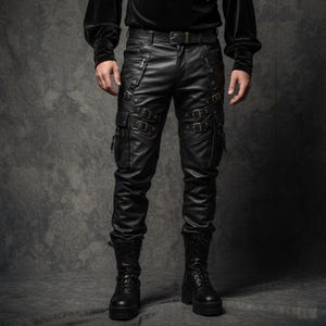 Puede incluir: Pantalones de cuero negro con múltiples bolsillos, cremalleras y detalles de hebillas. Los pantalones tienen un diseño ajustado y se usan con un cinturón y botas negras. El estilo general es atrevido y moderno.