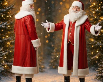 Luxe handgemaakt leren kerstmanpak – rood kostuum met rand van imitatiebont