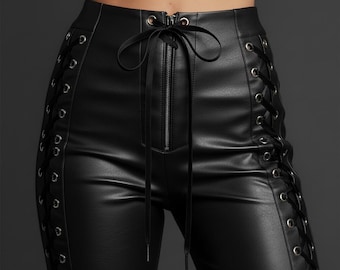 Lace-Up Lambskin Leather Pants – High-Waist Skinny Fit Trousers Handmade