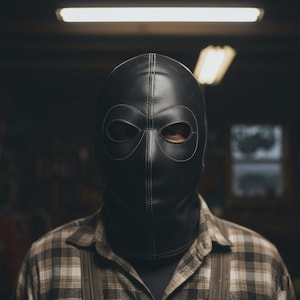 Puede incluir: Un pasamontañas de cuero negro con costuras blancas alrededor de las aberturas de los ojos y la boca. La máscara cubre toda la cabeza y el cuello. La persona lleva una camisa a cuadros.