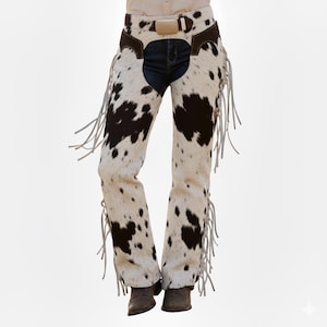 Cow Print Fringe Belt Chaps Harness Cowhide Leather Fringe Chaps Western Cowboy Motorcycle  main image 4