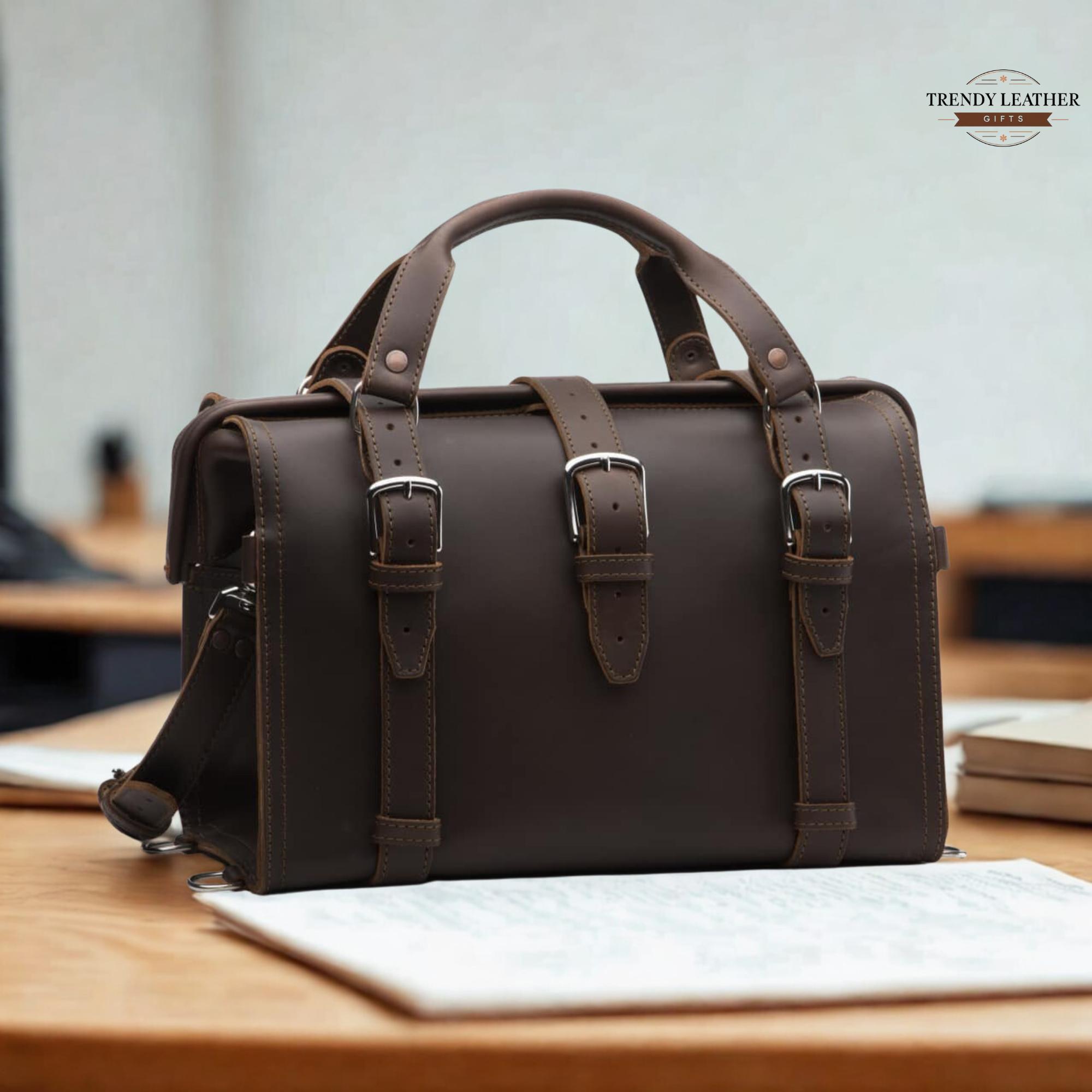 Ancien sac en cuir marron. Style sacoche de médecin années 30