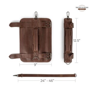 May include: Brown leather knife roll with multiple compartments, buckles, and straps. The roll measures 9 inches wide and 12.5 inches tall when rolled. Includes a detachable shoulder strap that adjusts from 24 to 46 inches.