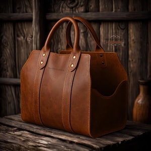 May include: A brown leather tote bag with two handles and a rectangular shape. The bag has a pocket on the side and is adorned with gold-coloured rivets. The text "TRENDY LEATHER" is visible on the front.
