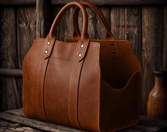 Leñero de cuero hecho a mano, bolso rústico para chimenea, decoración de cabañas, almacenamiento de leña, leñero vintage, regalo para él.