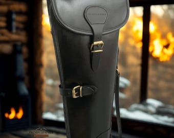 Leather Rifle Hunting Case, Western Shotgun Case , Black Leather Rifle Scabbard with Fur Lining, Carrying Handle Adjustable Carrying Strap.