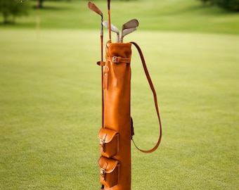 Leather Golf Club Carry Bag, Handmade Vintage Leather Golf Bag with Pockets & Shoulder Strap, Golf Range Bag, Golf Gift for Men