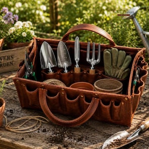 Op de afbeelding: Een bruine lederen tuingereedschapstas met een handvat en meerdere buitenzakken. Binnenin zitten metalen handgereedschappen, een plantschepje, een cultivator, een paar groene handschoenen en twee kleine terracotta potjes. De tas bevat de tekst Trendy Leather.
