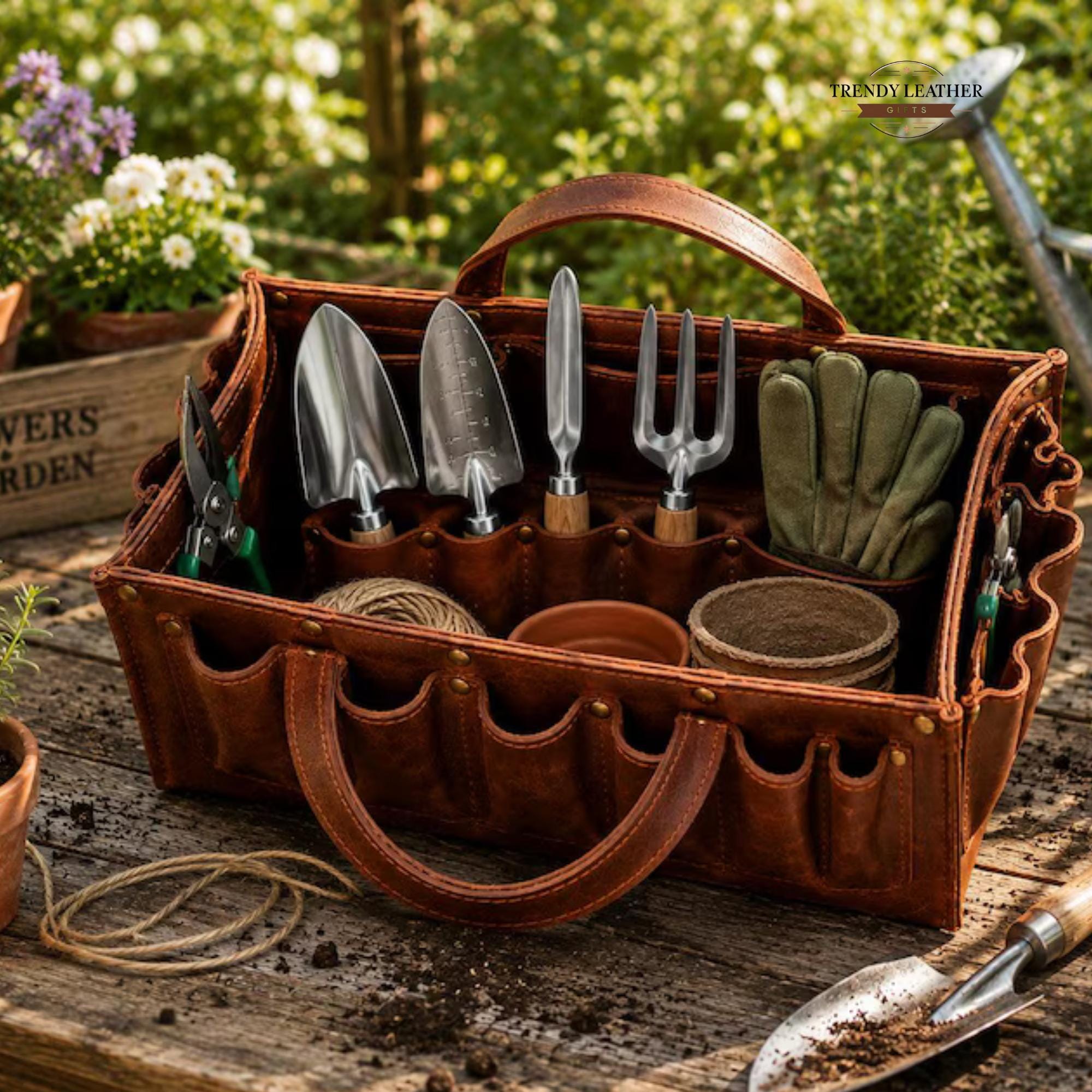 Distressed Leather Garden Tool Bag Tote Rustic Caddy Organizer, Gardener Gift