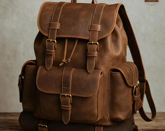 Custom Leather Hiking Backpack, Vintage Brown Full Grain Rucksack, Camping Travel Pack