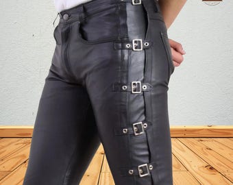 Handmade Cowhide Leather Buckle Pants: Gothic Biker Slim Fit Trousers