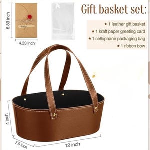 May include: A brown leather gift basket with a black interior, measuring 12 inches long, 7.5 inches wide, and 4 inches high. It has brown handles with white stitching. The set includes a kraft paper greeting card, cellophane bag, and ribbon bow.