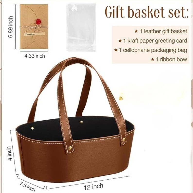 May include: A brown leather gift basket with a black interior, measuring 12 inches long, 7.5 inches wide, and 4 inches high. It has brown handles with white stitching. The set includes a kraft paper greeting card, cellophane bag, and ribbon bow.