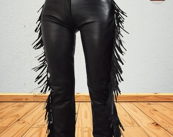 Handmade Women's Leather Fringe Pant: High Waist Western Style