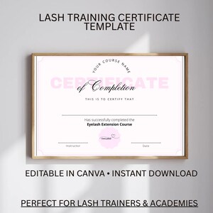 Lash Training Certificate Template | Editable Eyelash Extension Course Completion (Digital Download)