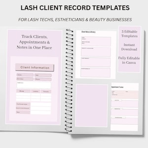 Op de afbeelding: Een spiraalgebonden notitieboek met roze en witte pagina's. De omslag leest "LASH CLIENT RECORD TEMPLATES" en "FOR LASH TECHS, ESTHETICIANS & BEAUTY BUSINESSES." Binnenin zijn sjablonen voor klantinformatie, notities en het bijhouden van afspraken.
