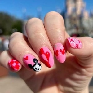 Mickey nails in Valentine nail inpso hand crafted nails custom by your size and your favorite shape