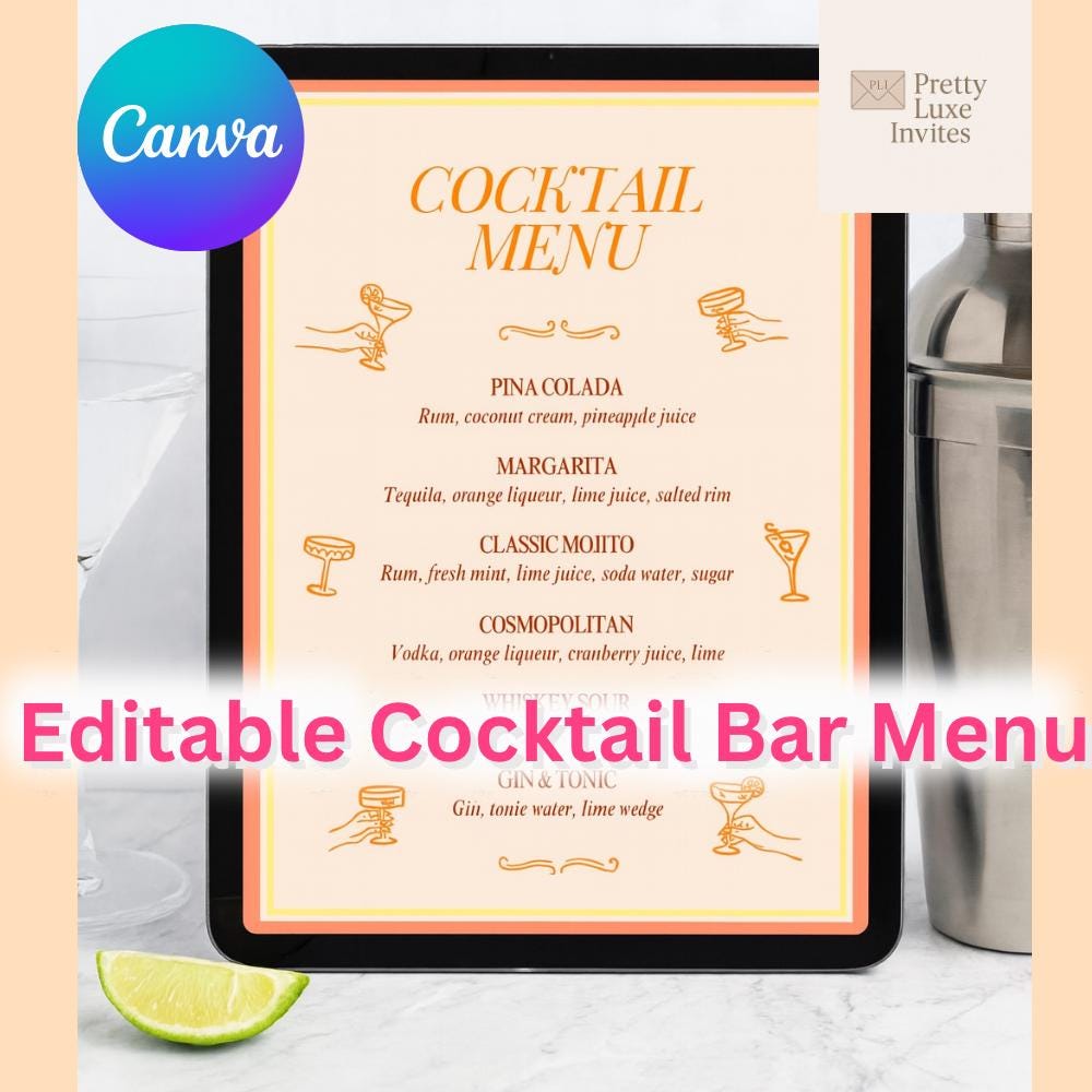 Editable Cocktail Menu Canva Template: Drink Party Bar Orange Sign ...
