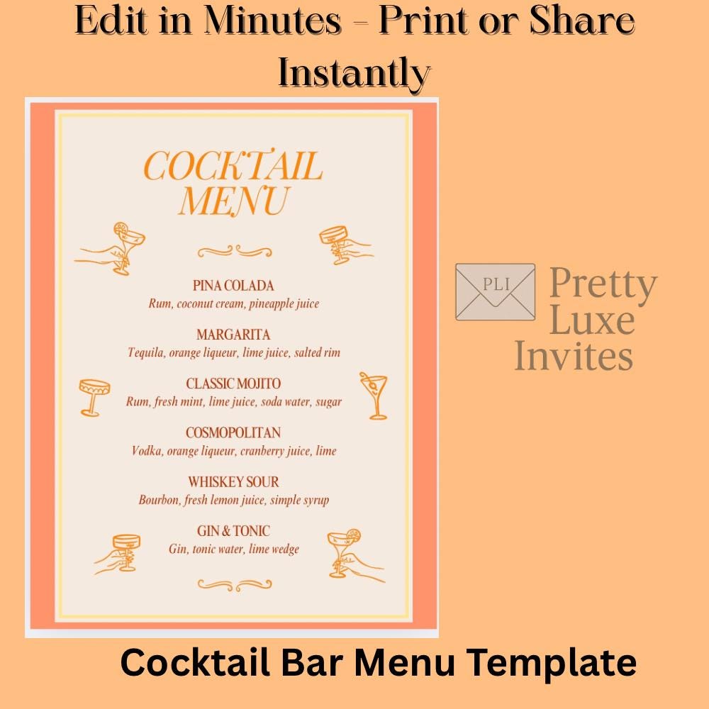 Editable Cocktail Menu Canva Template: Drink Party Bar Orange Sign ...