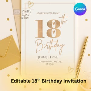 18th Birthday Invitation | Elegant Gold Editable Party Template Digital Download