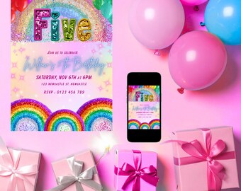 Rainbow Sequin 5th Birthday Invitation Template | Editable Canva Invite (Digital Download)