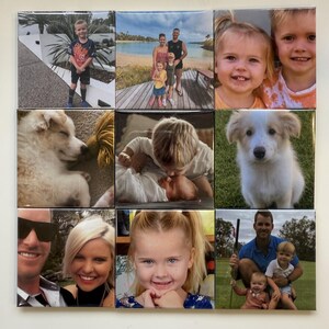 May include: A square tile collage featuring nine individual family photos. The images include portraits of children, adults, and pets. The photos are arranged in a grid pattern, showcasing a variety of scenes and subjects.