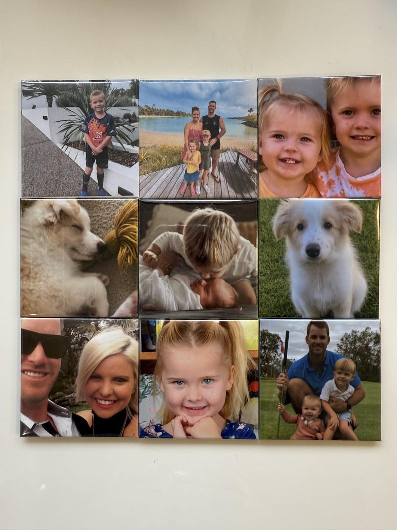 May include: A square tile collage featuring nine individual family photos. The images include portraits of children, adults, and pets. The photos are arranged in a grid pattern, showcasing a variety of scenes and subjects.