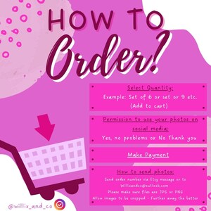 May include: Pink graphic with the text "HOW TO Order?" and instructions for ordering. Includes a shopping cart graphic and text about selecting quantity, permission for social media use, payment, and sending photos.