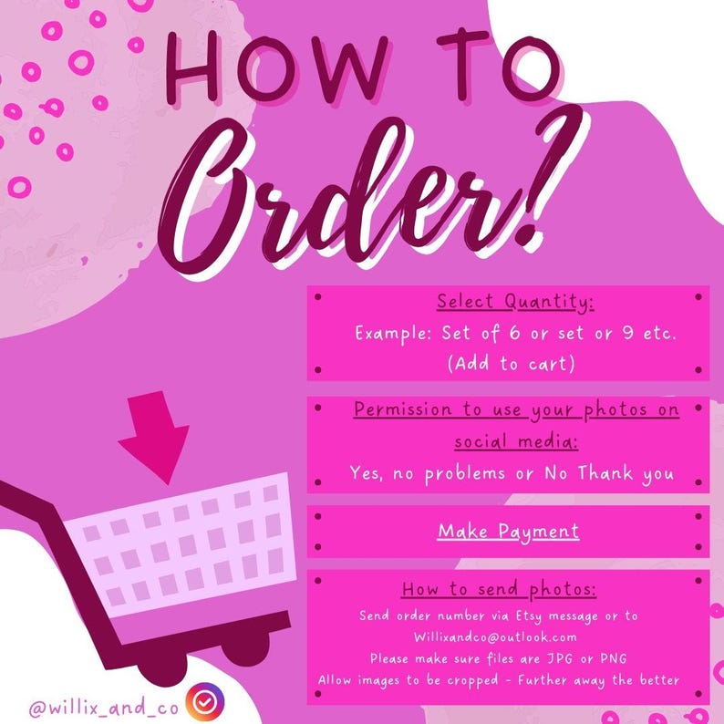 May include: Pink graphic with the text "HOW TO Order?" and instructions for ordering. Includes a shopping cart graphic and text about selecting quantity, permission for social media use, payment, and sending photos.