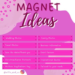 May include: A pink graphic with the text "MAGNET Ideas" in a handwritten font. Below are rectangular pink blocks with text including "Wedding Photos", "Family Photos", "Travel Photos", and "Business Information".