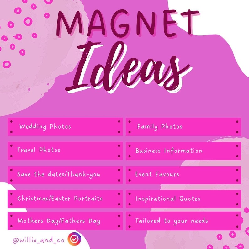 May include: A pink graphic with the text "MAGNET Ideas" in a handwritten font. Below are rectangular pink blocks with text including "Wedding Photos", "Family Photos", "Travel Photos", and "Business Information".
