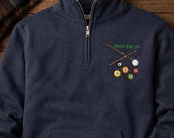Sudadera con cremallera de 1/4 bordada "Rack ’Em Up Billiards" / Regalo para jugadores de billar / Sudadera para hombre y mujer para noches de juego / Ropa deportiva de billar