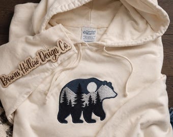 Embroidered Bear Hoodie, Nature Bear Sweatshirt, Mountain Forest Applique Hoodie, Outdoorsy Cozy Pullover, Camping Wildlife Gift, Unisex Hoo