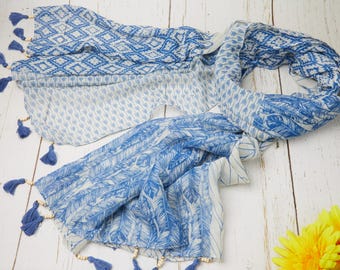 Blue Boho Tassel 68" x 31" Cotton-Viscose Large Scarf Bundle, Wrap Shawl, Hair Scarf, Travel Scarf, Beach Cover Up Accessory