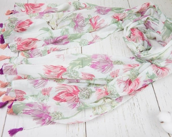 Floral 68" x 31" Cotton-Viscose Large Scarf Bundle, Lightweight Large Shawl with Tassels, Soft Summer Wrap, Boho Fashion Scarf for Women
